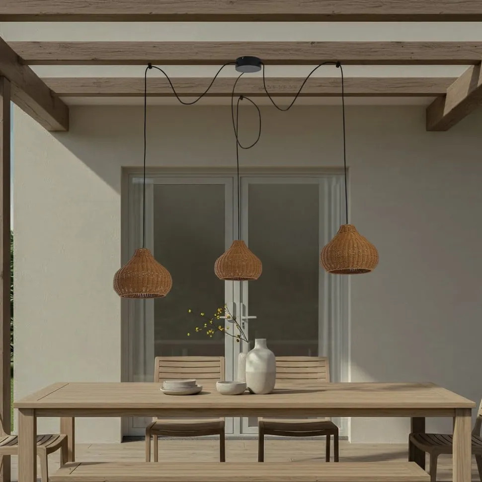 Lucande udendørs hængelampe Taniola, 3 lyskilder, beige, rattan, IP44