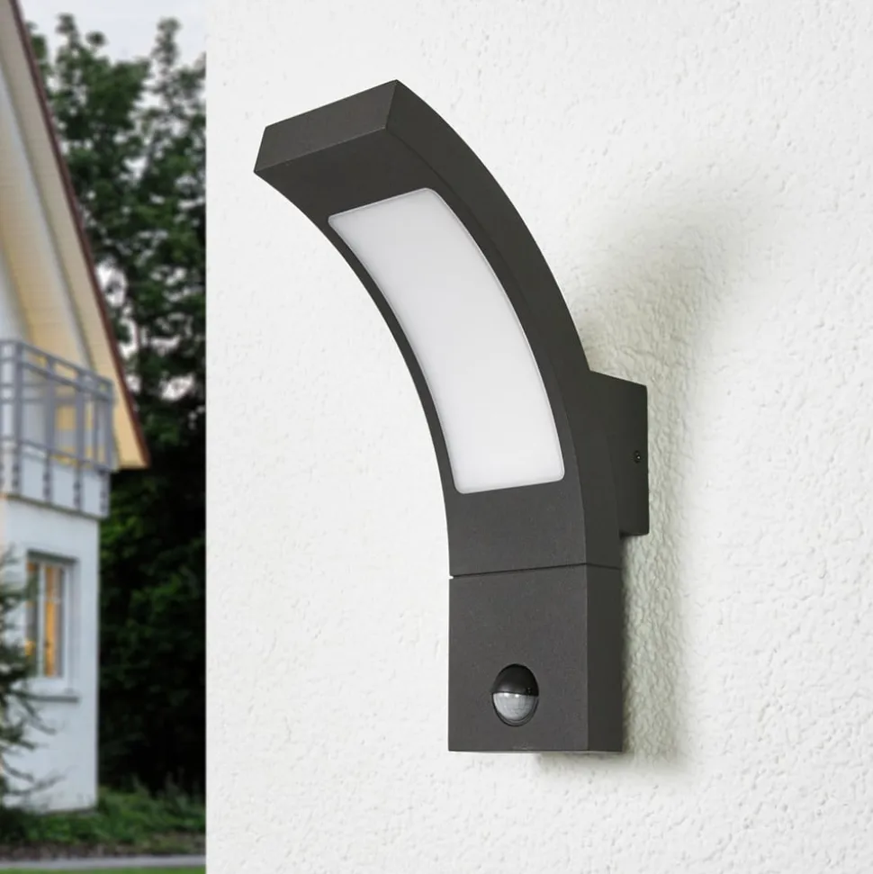 Lucande udendørs LED-væglampe Juvia, sensor, 27 cm, grå, IP54