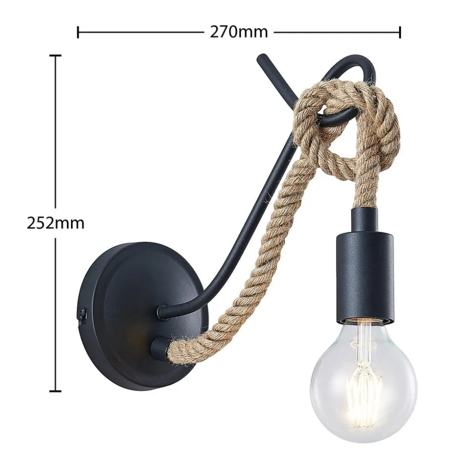 Lucande væglampe Ropina, sort, hampereb, højde 25 cm