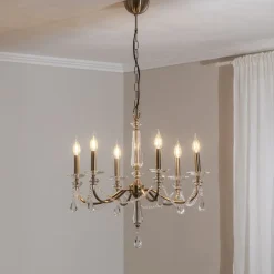 Lysekrone Adone, 6 lyskilder, messing, Ø 70 cm, krystalglas