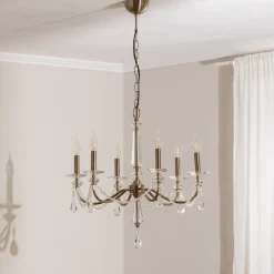 Lysekrone Adone, 6 lyskilder, messing, Ø 70 cm, krystalglas