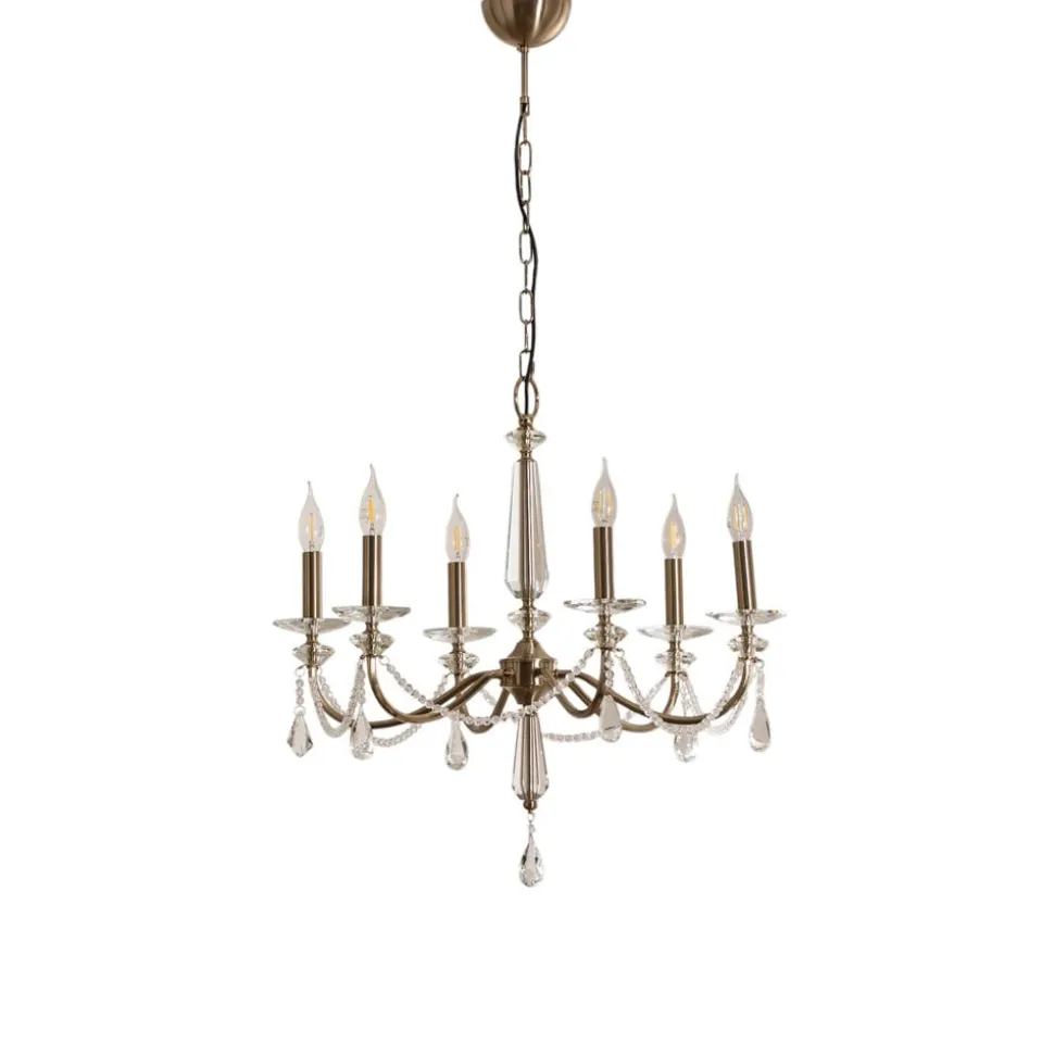 Lysekrone Adone, 6 lyskilder, messing, Ø 70 cm, krystalglas