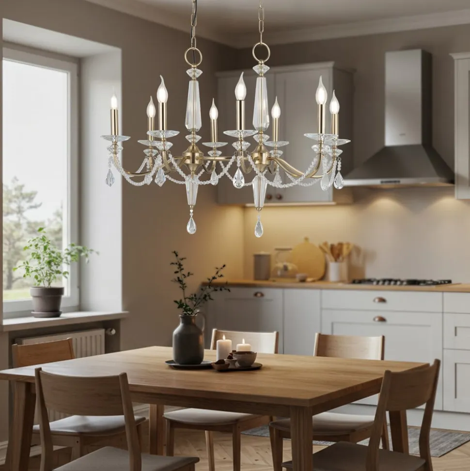 Lysekrone Adone, lineær, 8 lyskilder, messing, krystalglas