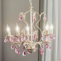 Lysekrone Kate, 5 lyskilder hvid, rosékrystaller