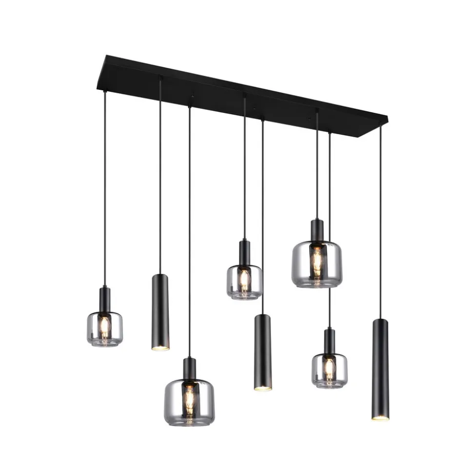Mataro hængelampe, krom/sort, 118 cm, 8 lyskilder glas/metal