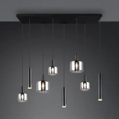 Mataro hængelampe, krom/sort, 118 cm, 8 lyskilder glas/metal
