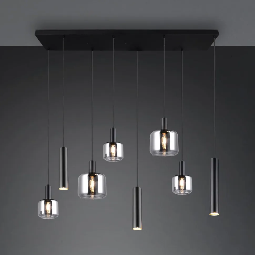 Mataro hængelampe, krom/sort, 118 cm, 8 lyskilder glas/metal