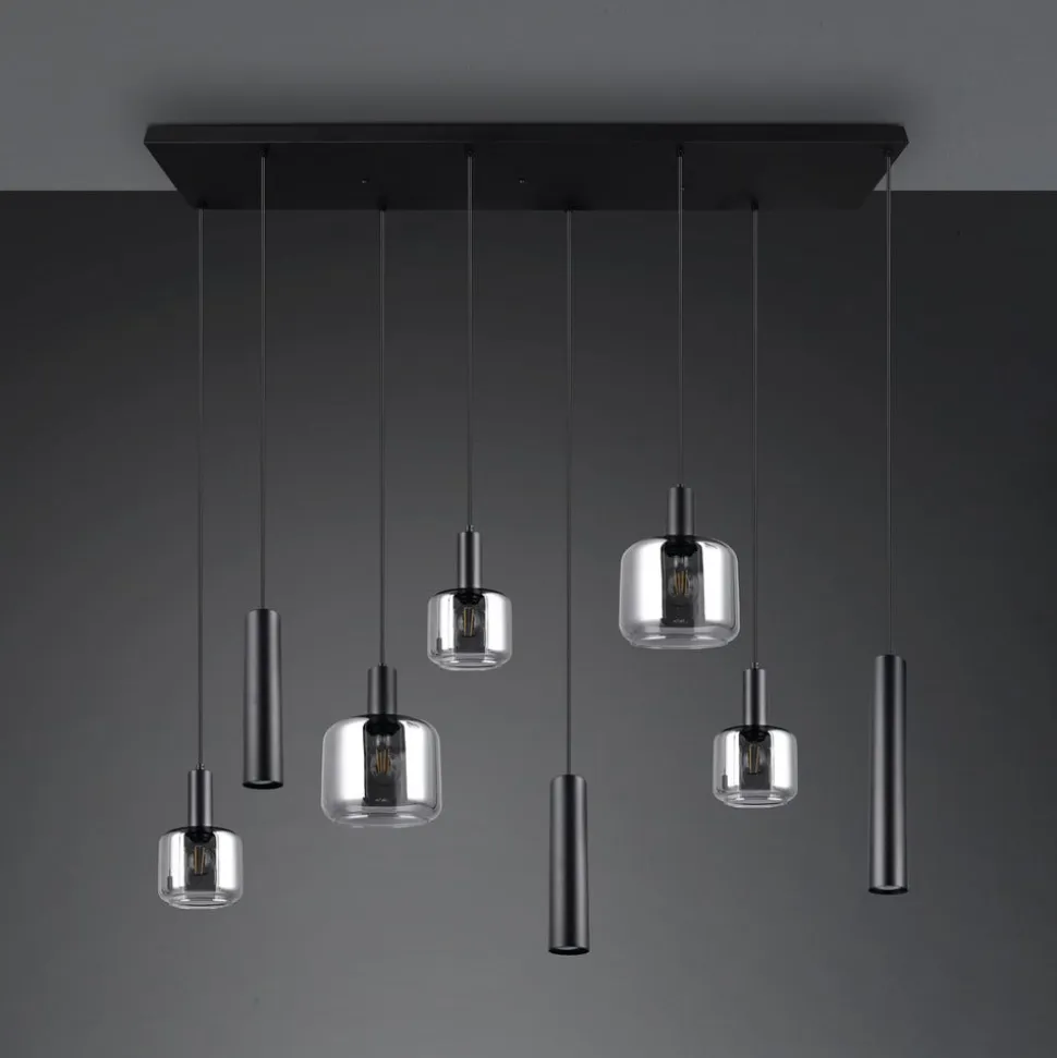 Mataro hængelampe, krom/sort, 118 cm, 8 lyskilder glas/metal