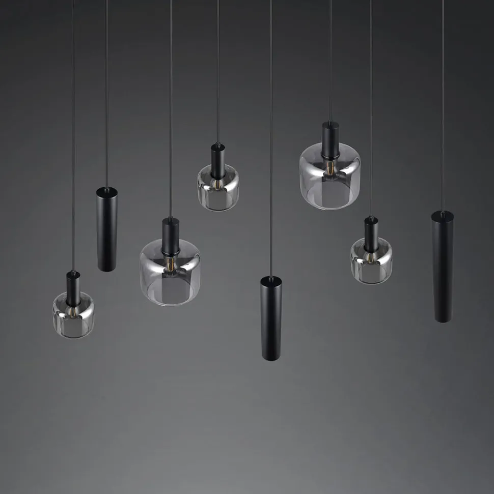 Mataro hængelampe, krom/sort, 118 cm, 8 lyskilder glas/metal