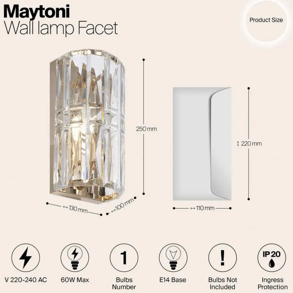 Maytoni Facet væglampe, højde 25 cm, guldfarvet, glas, E14