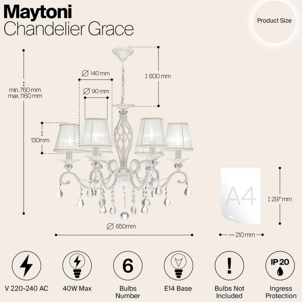 Maytoni Grace lysekrone, hvid, 6 lyskilder, organza, E14