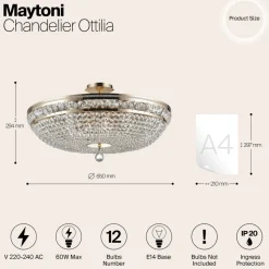 Maytoni loftlampe Ottilia, Ø 65 cm, guldfarvet, krystal