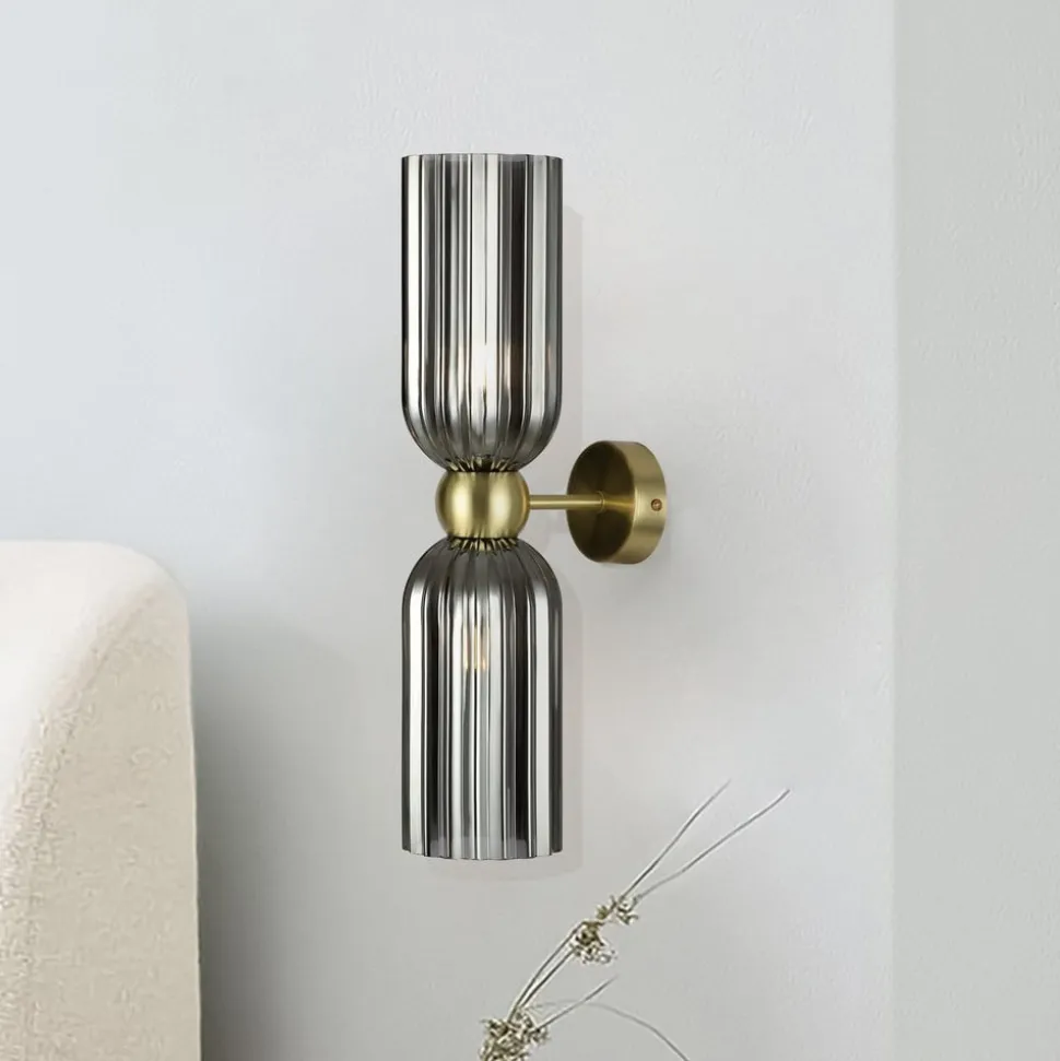 Maytoni væglampe Antic, 2 lyskilder, guld/grå, glas
