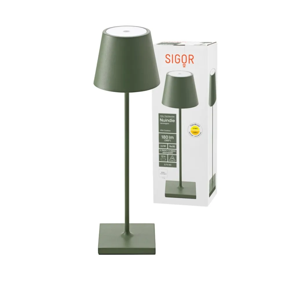 Nuindie LED genopladelig bordlampe, USB-C, grangrøn, IP54, dæmpbar