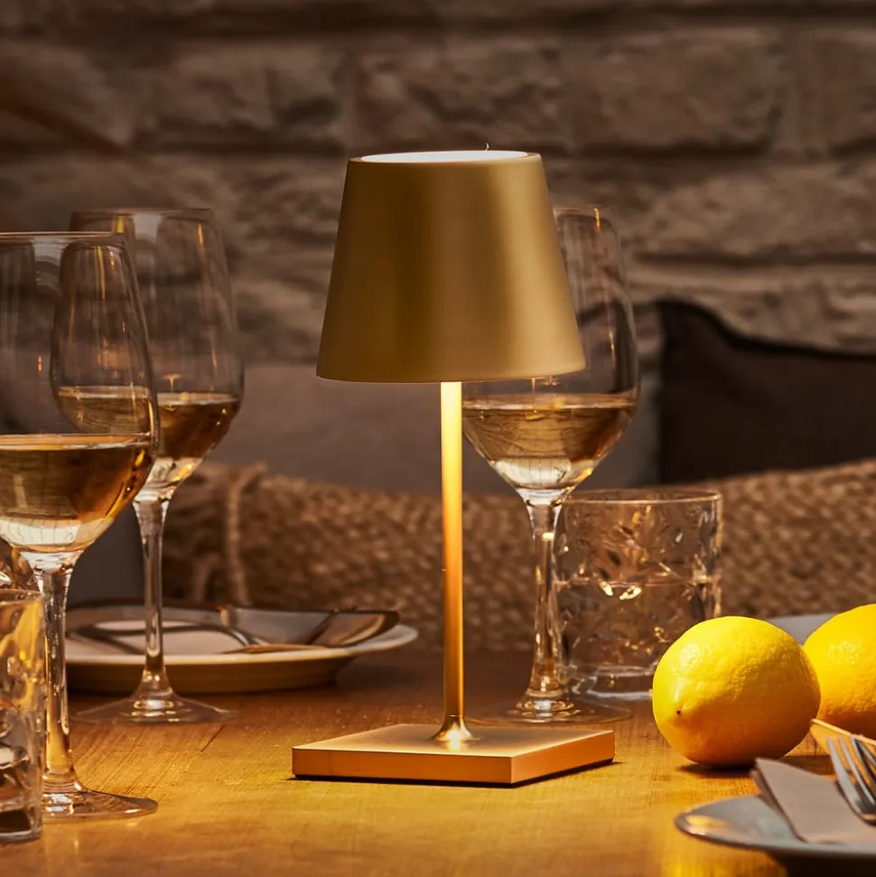 Nuindie mini LED genopladelig bordlampe, USB-C, guld, IP54, dæmpbar