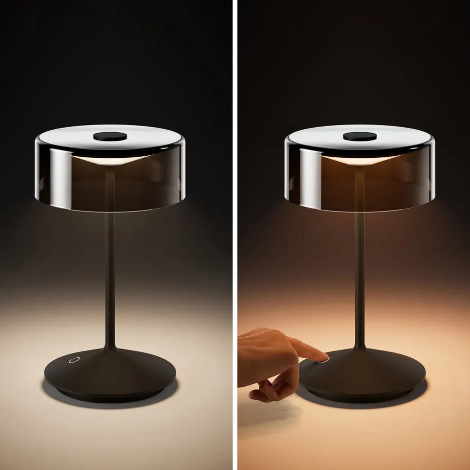 Numotion LED genopladelig bordlampe, sort, glas, IP54, dæmpbar