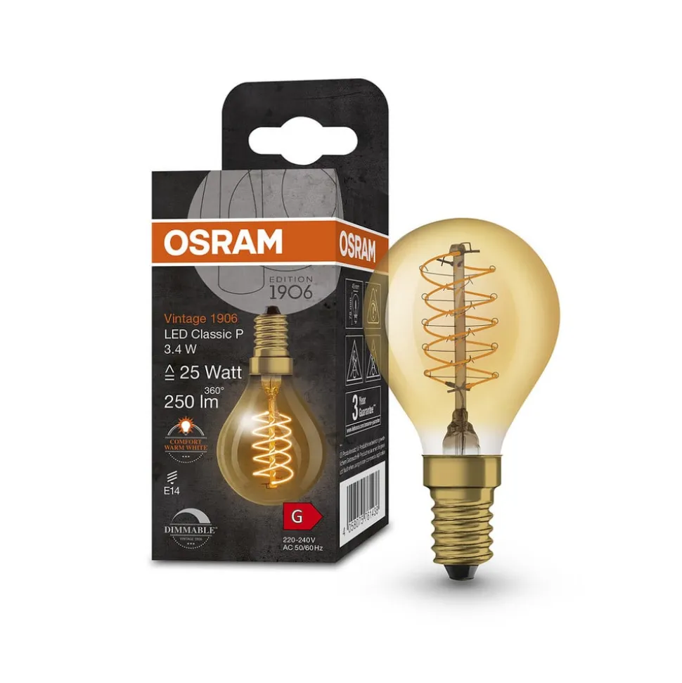 OSRAM 1906 E14 3,4W LED dråbe 822 guld dæmpbar