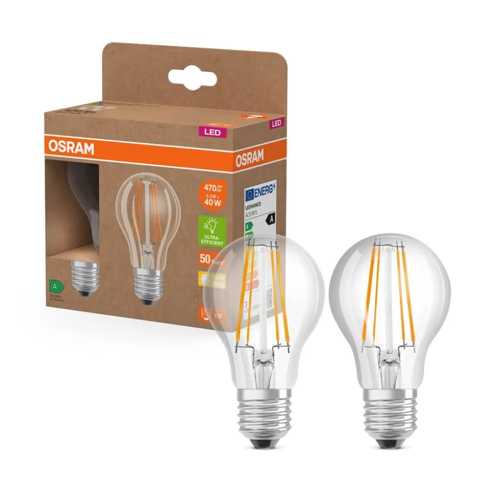 OSRAM LED glødepære E27 2,2W filament 2.700K 470lm 2-pak