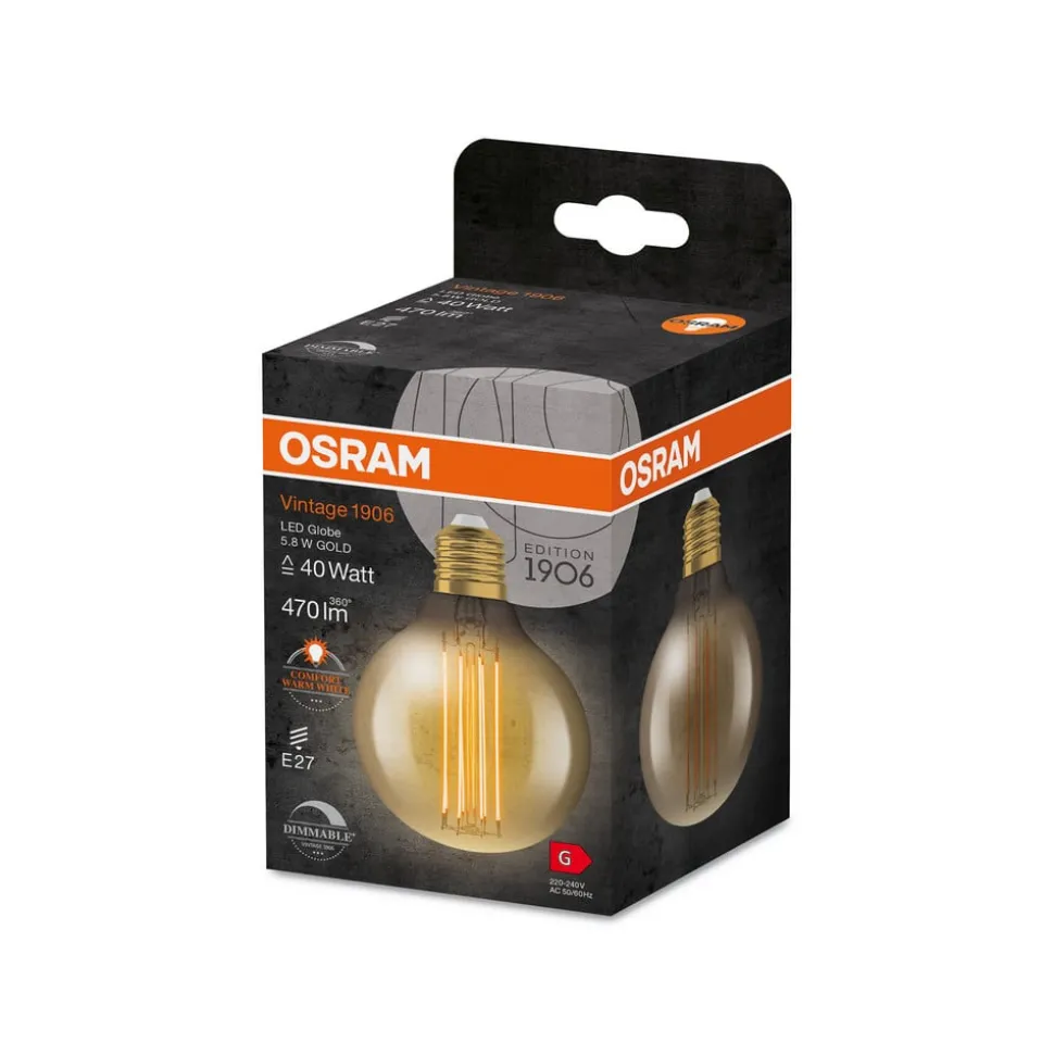 OSRAM LED Vintage 1906, G80, E27, 5,8 W, guld, 2.200 K, dim.