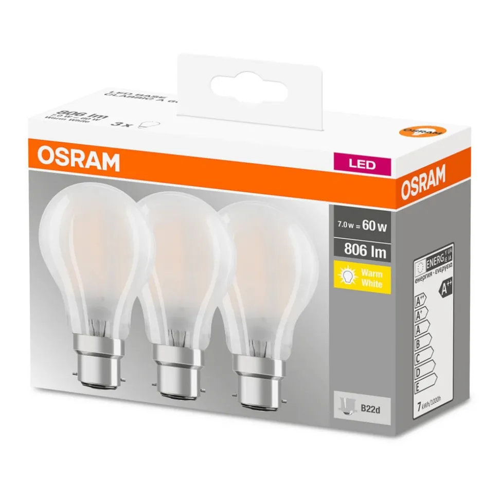 OSRAM LED-pære B22d Classic 827 6,5W 3'er sæt