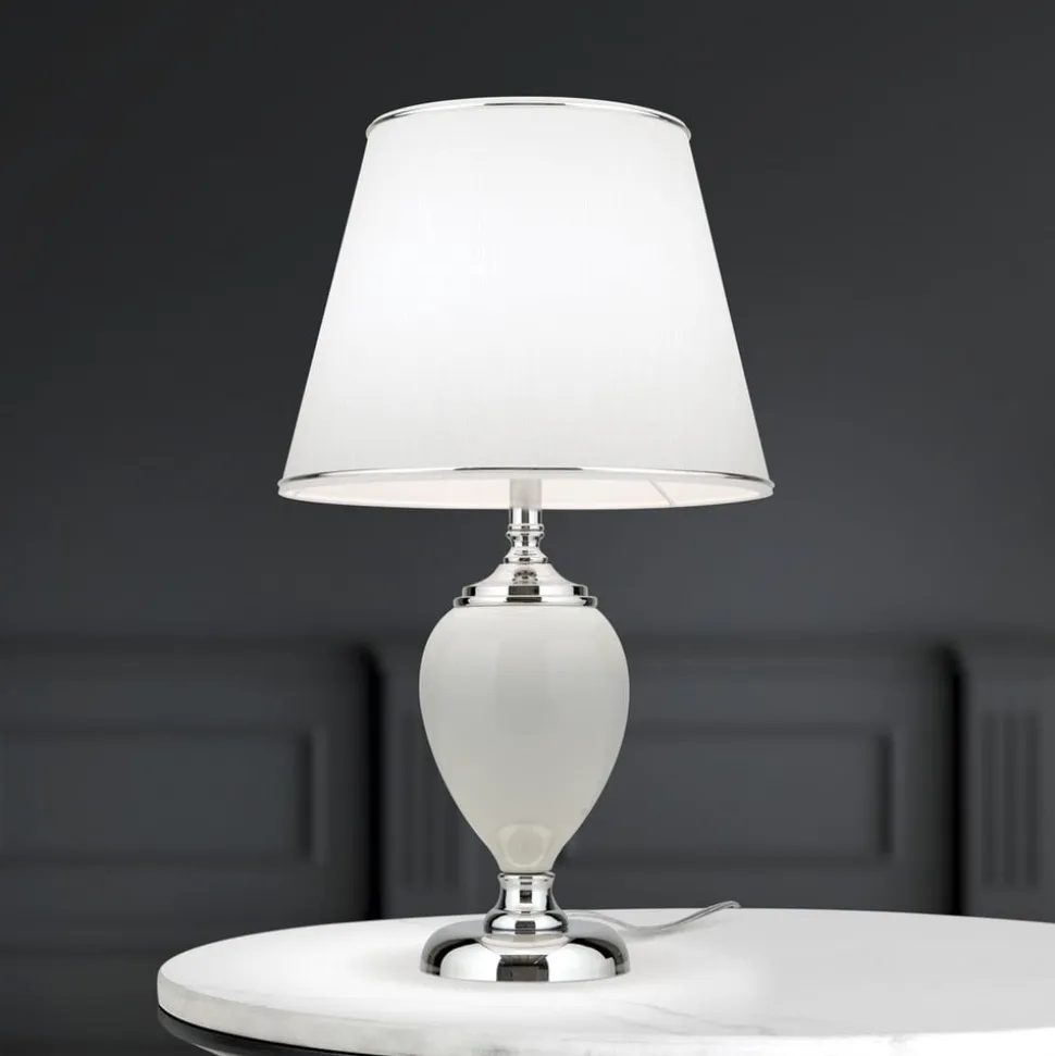 Ovum bordlampe, hvid/krom, højde 48 cm, keramik/chintz
