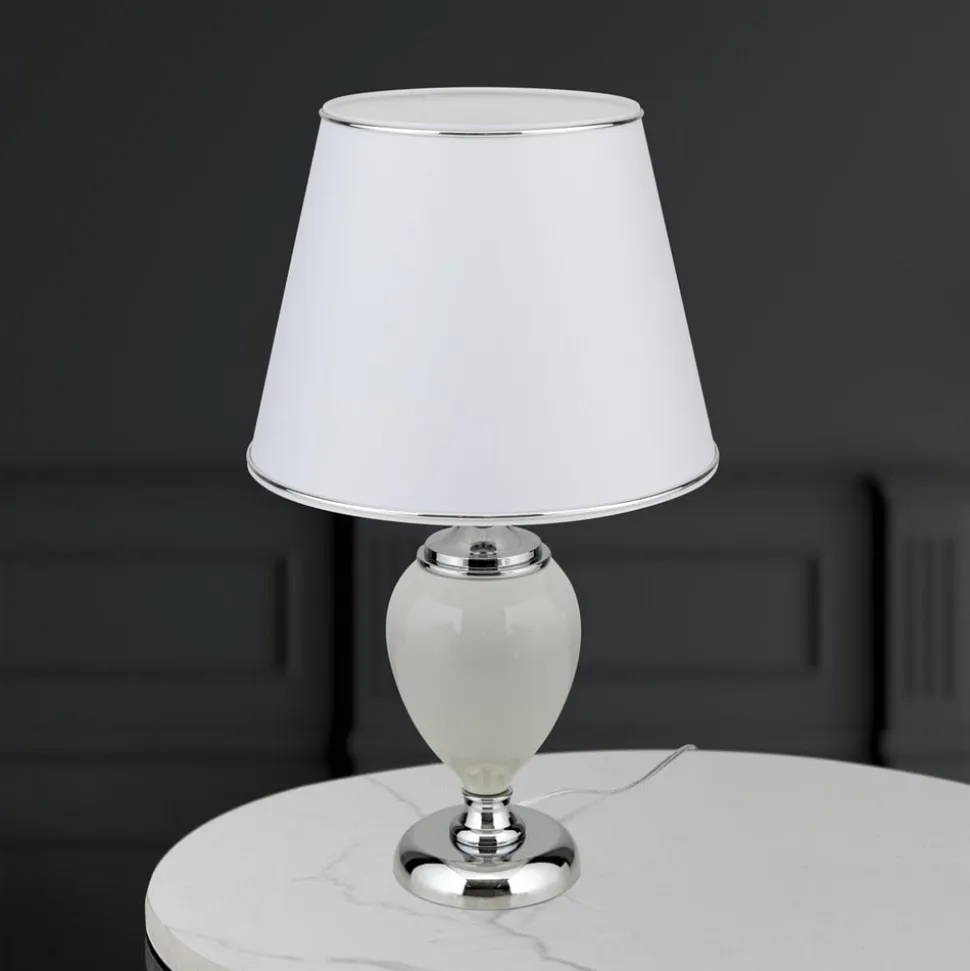 Ovum bordlampe, hvid/krom, højde 48 cm, keramik/chintz