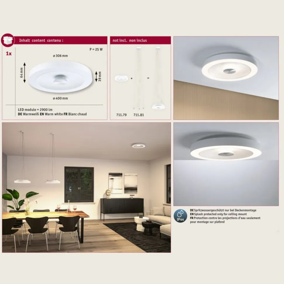 Paulmann LED-loftlampe Volea, hvid/sølv Ø 40 cm IP44 dæmpbar