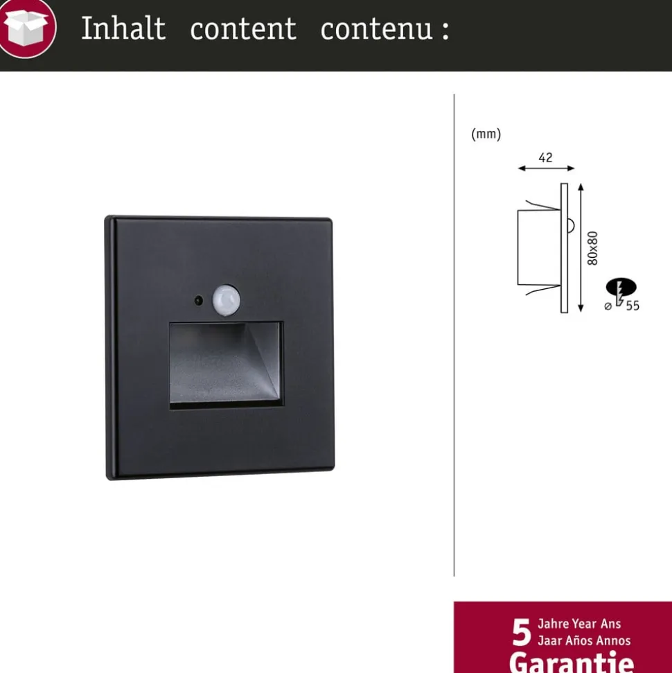 Paulmann LED-sensor-vægindbygningslampe Edge Quadro sort 8 cm