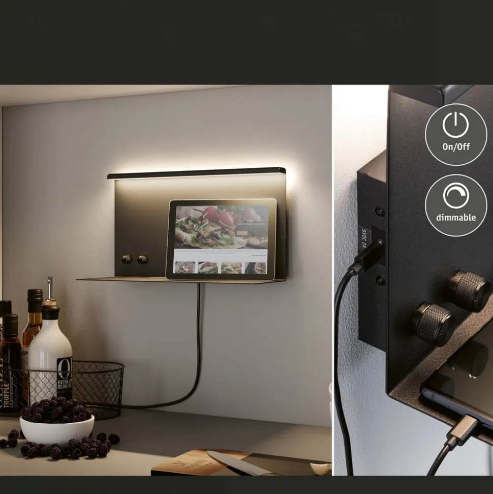 Paulmann LED-væglampe Jarina sort 35 cm hylde USB-port