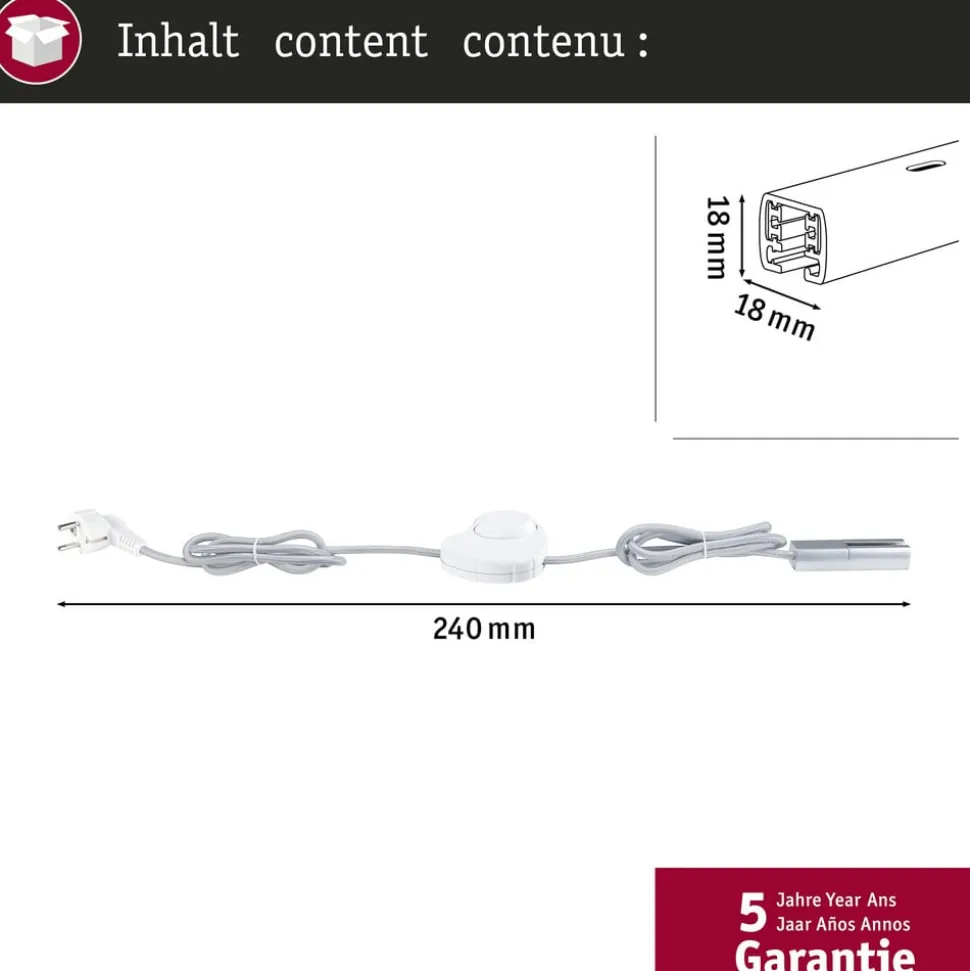 Paulmann URail indførelseskabel/afbryder, krom mat, 2,4 m