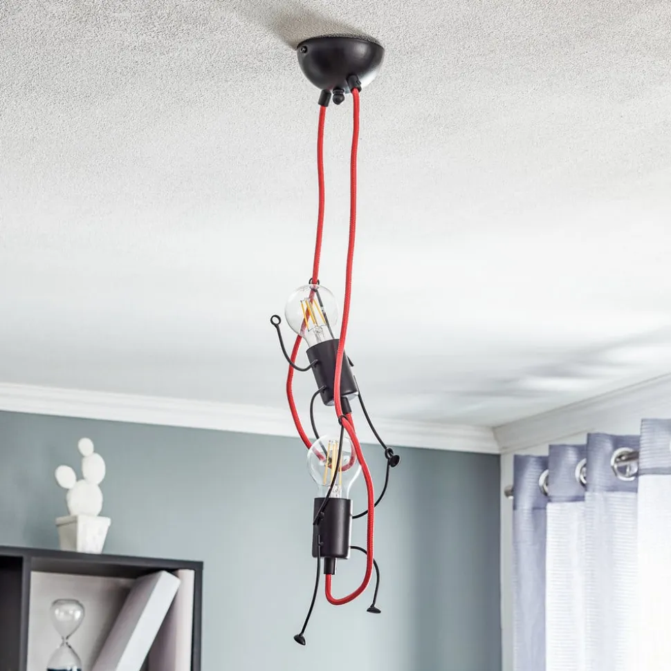 Pendellampe Bobi 2 i sort, kabel rød, 2 lyskilder.
