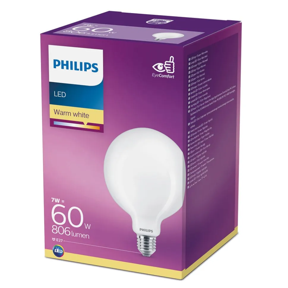 Philips Classic LED-pære E27 G120 7W 2.700K opal