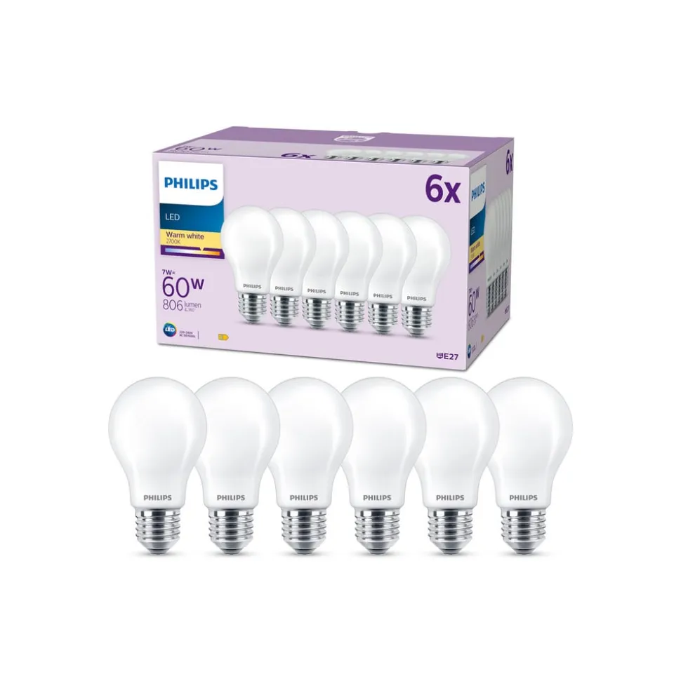 Philips LED-pære E27 7 W 806lm 2.700 K mat 6 stk