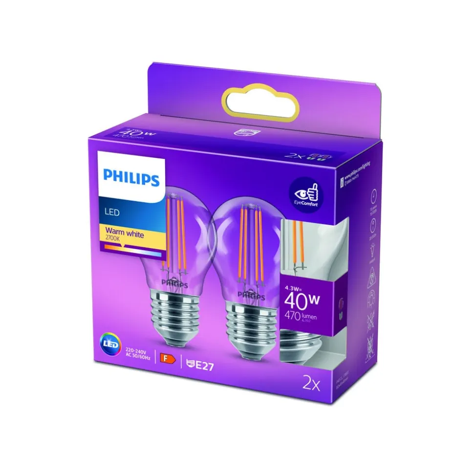 Philips LED-pære E27 P45 4,3 W filament 2.700 K, 2