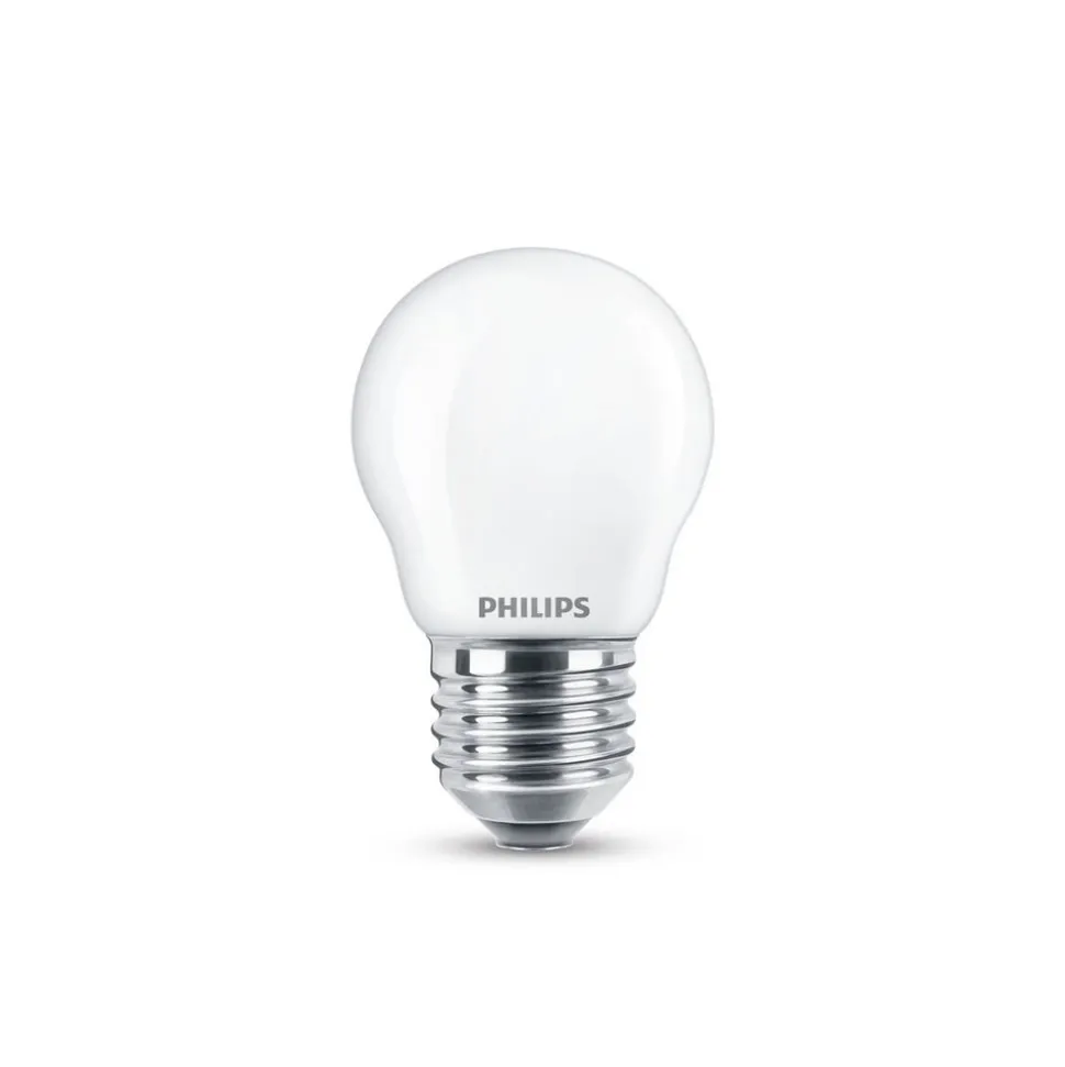 Philips LED-pære E27 P45 4,3 W 2.700K opal 2 stk