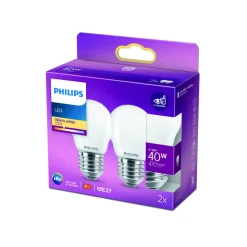 Philips LED-pære E27 P45 4,3 W 2.700K opal 2 stk