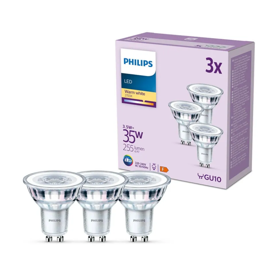 Philips LED-pære GU10 3,5W 255lm 827 klar 36° 3 stk