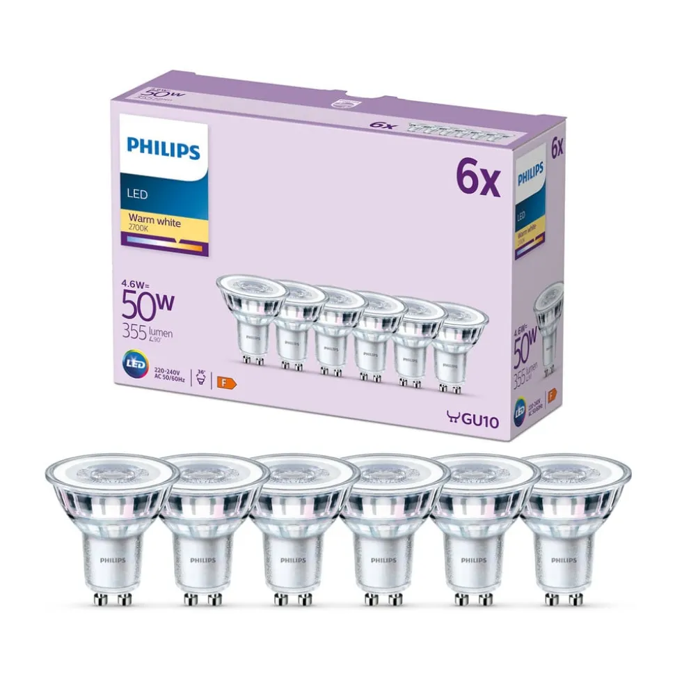 Philips LED-pære GU10 4,6W 355lm 827 klar 36° 6 stk