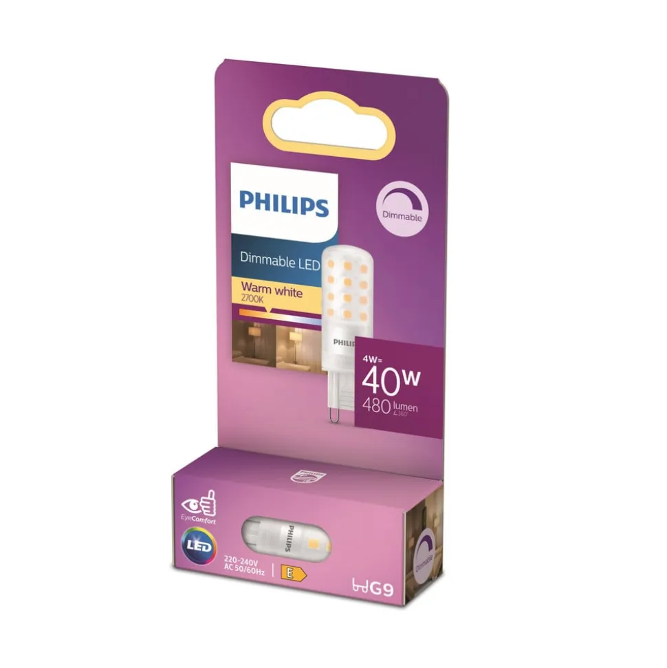 Philips LED-stiftsokkelpære, G9, 4W, mat, 480lm, 2.700K, dæmpbar