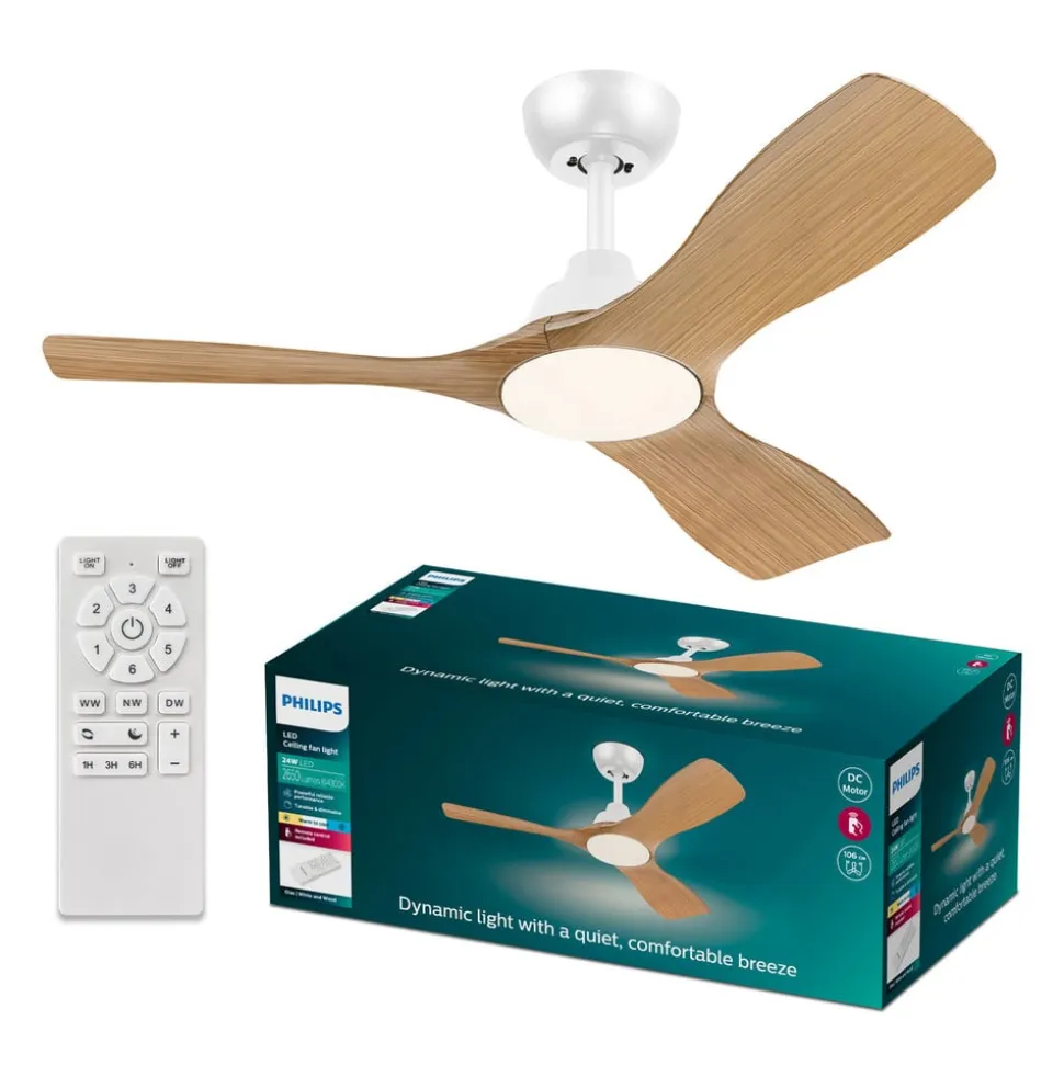 Philips LED-ventilator Olas, Ø 106 cm, brun/hvid, støjsvag