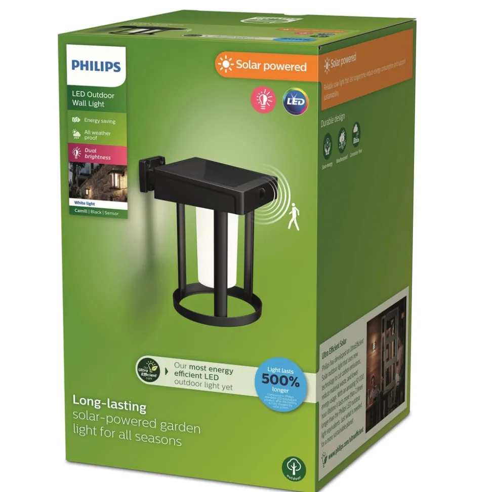 Philips solcelle-væglampe Camill, sort/hvid, Ø 14 cm