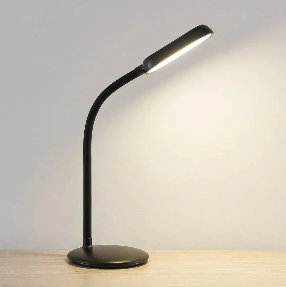 Prios LED genopladelig bordlampe Opira, sort, USB, touchdæmper