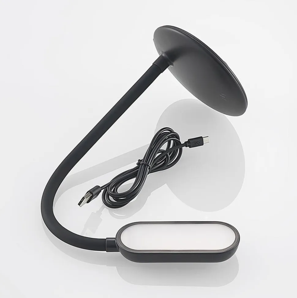 Prios LED genopladelig bordlampe Opira, sort, USB, touchdæmper