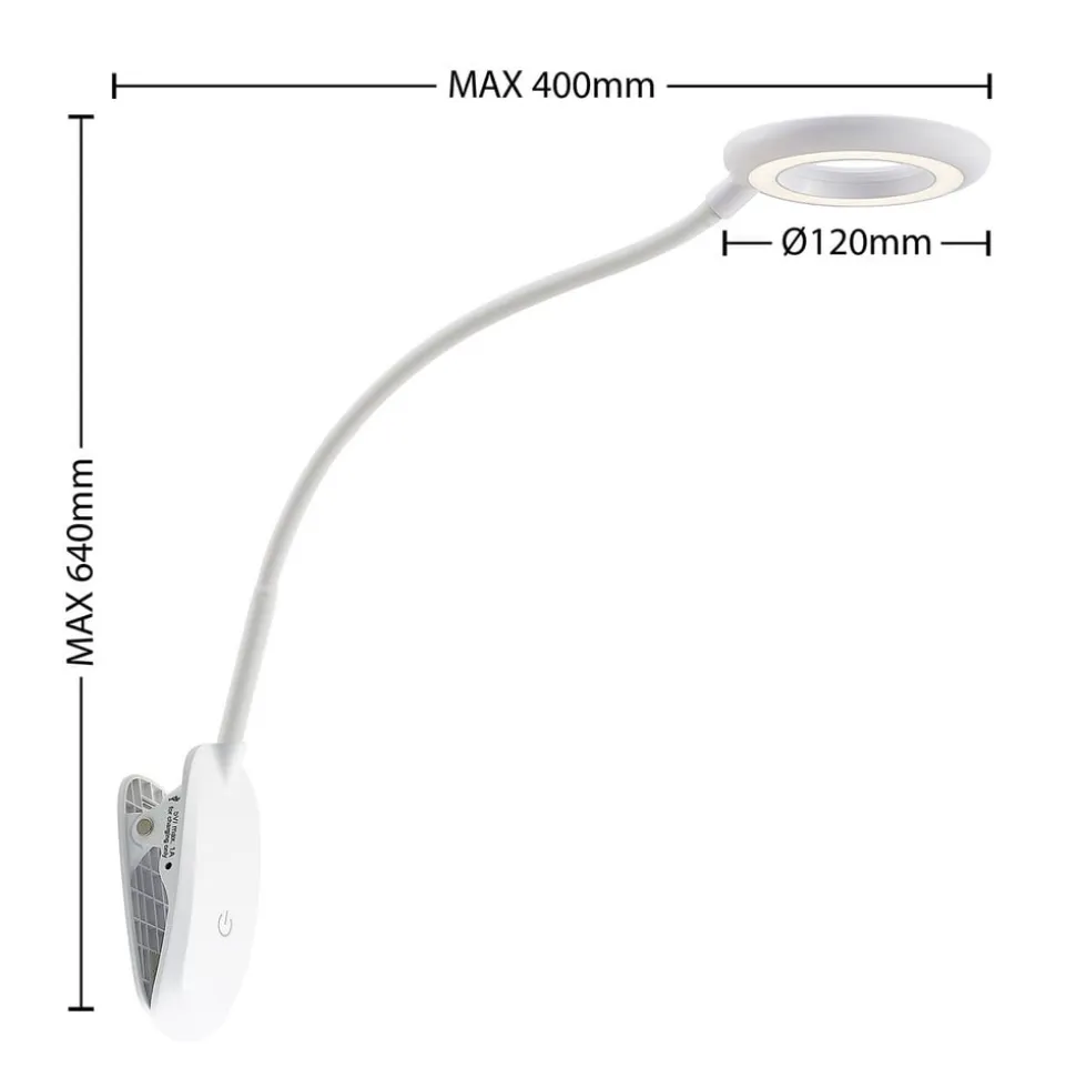 Prios LED-klemmelampe Harumi, hvid, genopladeligt batteri, USB, 51 cm høj