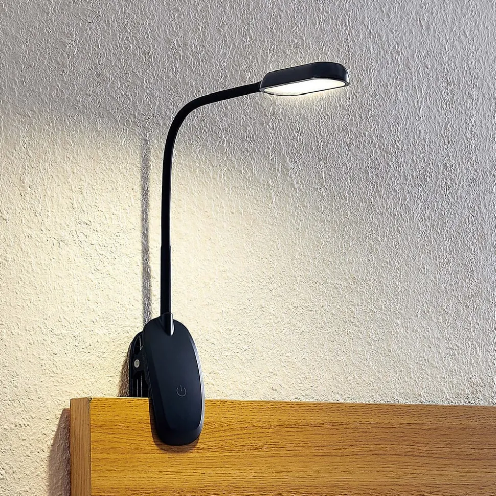 Prios LED-klemmelampe Najari, sort, genopladeligt batteri, USB, 51 cm
