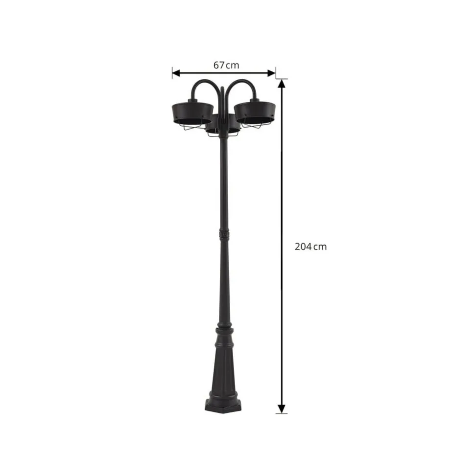 Prios LED-udendørslampe Thorus, 204 cm, sort, 3 lyskilder, IP44