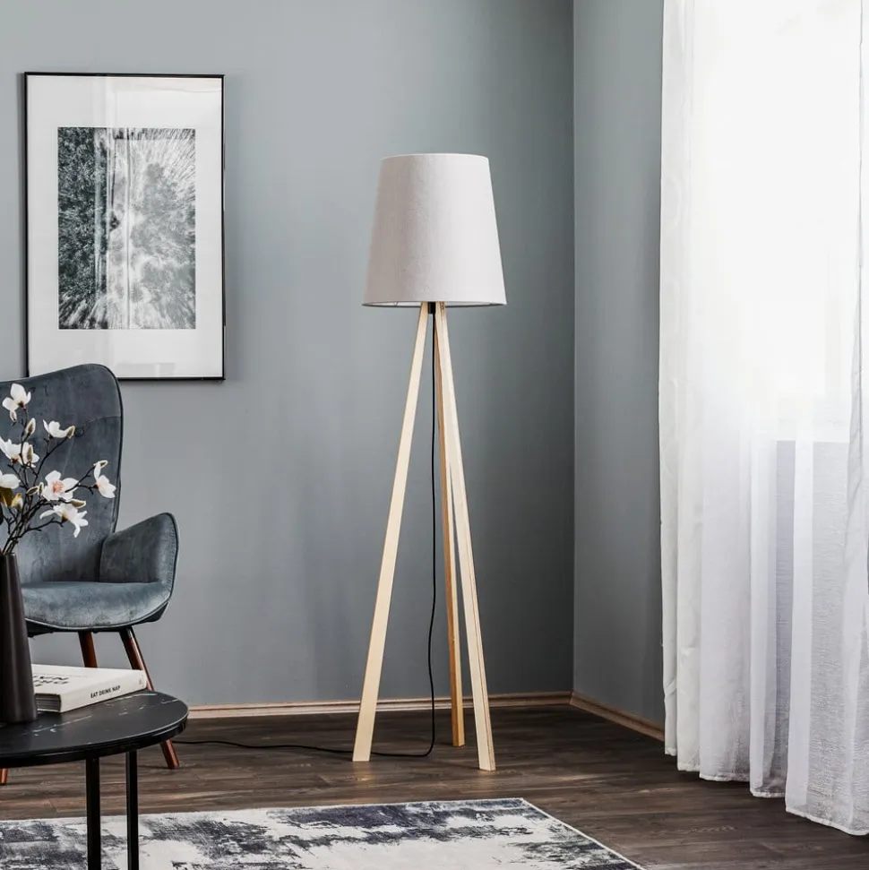 Quitani trebenet gulvlampe Jata, træ, filt, grå