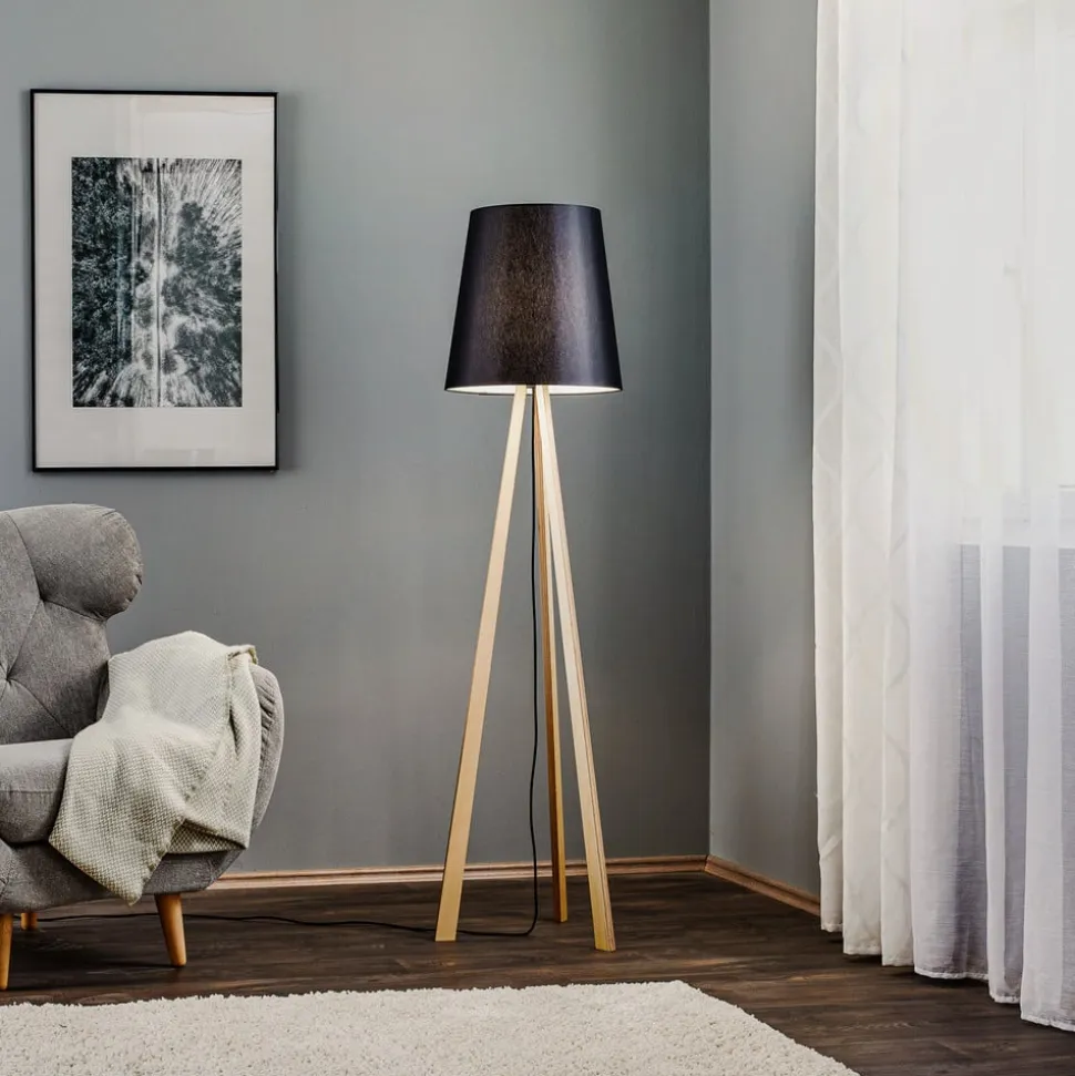 Quitani trebenet gulvlampe Jata, træchintz, sort