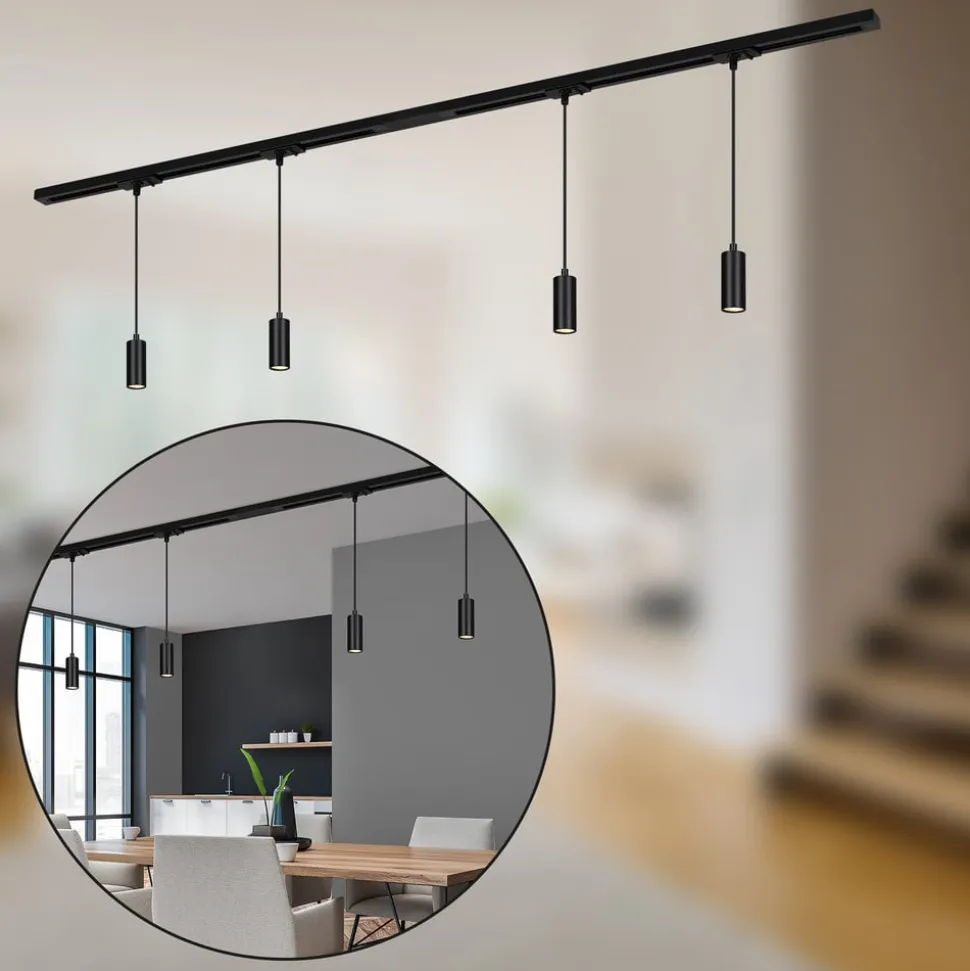 RAIL 230 V skinnesystem, sort, 4 LED-pendler, længde 1,5 m