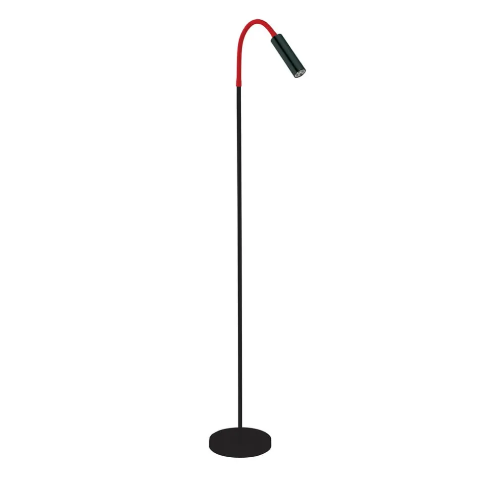 Rocco LED-gulvlampe, mat sort, rød flexarm